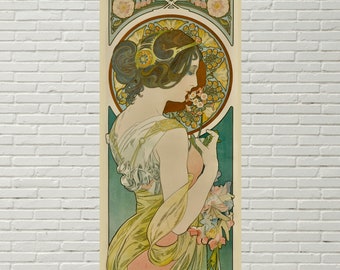Art Deco Woman, Primrose, Alphonse Mucha Poster, Teal Green, Peach, Yellow, Art Nouveau Poster, Feminine Art, Belle Epoque