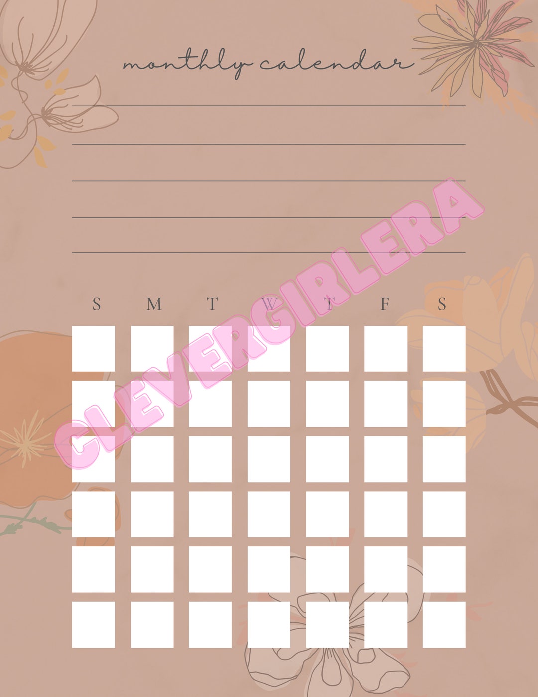 Monthly Calendar - PRINTABLE - Etsy