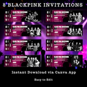 KPOP-Geburtstagsfeier lädt für BLACKPINK Einladungen zum Geburtstag einladen Schwarz-Rosa-Eintrittskarten-Vorlage für Canva Bearbeitbaren Geburtstag