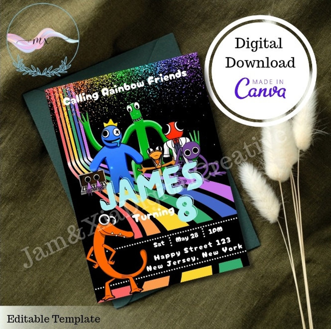 Rainbow Friends Birthday Invitation: Editable Canva Template (digital ...