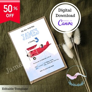 Faire-part d'anniversaire, anniversaire d'avion, modèle d'invitation d'anniversaire, cadeau aviation, baby shower avion, toile modifiable, modèle de toile, toile