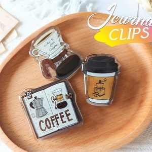 Cute Coffee Shop Acrylic Journal Clips One Set Hand-drawing Strong Clip - Stationery Journal Supplies Collage Scrapbooking Notebook Planner