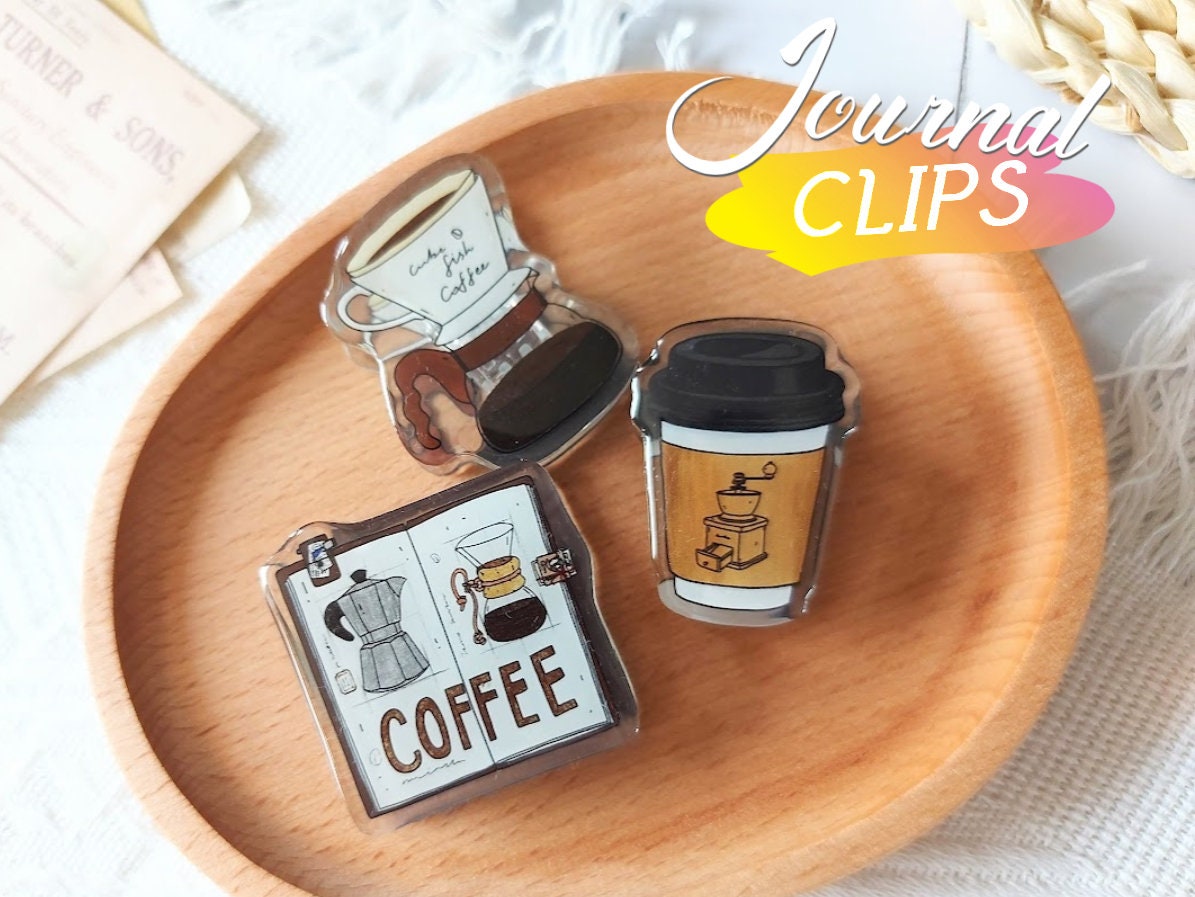 Cute Coffee Shop Acrylic Journal Clips One Set Hand-drawing Strong Clip -  Stationery Journal Supplies Collage Scrapbooking Notebook Planner