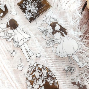 Vente finale : jolie robe pour fille, fleurs florales, plantes de jardin, dessin à la main, ruban adhésif en PET Washi, papeterie, articles pour journaux indésirables, collage, scrapbooking