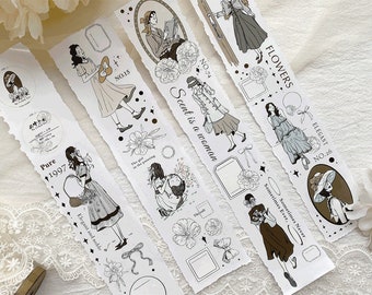 Vintage Lady Girl Characters Fashion Dress Hand-drawing Washi PET Tape ｜ Stationery Journal Supplies Collage Scrapbooking Planner Sticker