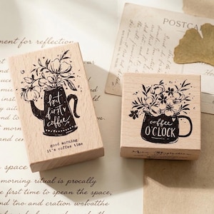Discontinued – Meow Illustration Coffee Stamp – Floral Water Pot Mug Cup Cafe Hand-drawn Wood Rubber Stationery Journal Stamp