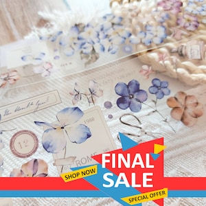 Vente finale : beau bouquet, fleurs bleu-violet, jardin floral, dessin à la main, adhésif Washi, aquarelle, PET, journal de papeterie, scrapbooking