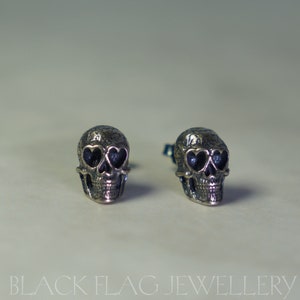 Silver Skull Earrings - 925 Sterling Silver Heart Eye Skull Earrings, Gothic and Steampunk Jewelry Gift for Emo or Punk