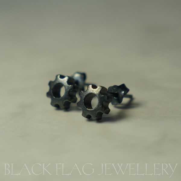 Black Gear Earrings - 925 Sterling Silver Black Cog Stud Earrings, Industrial Gothic Jewelry, For Punk, Emo & Goth Gifts