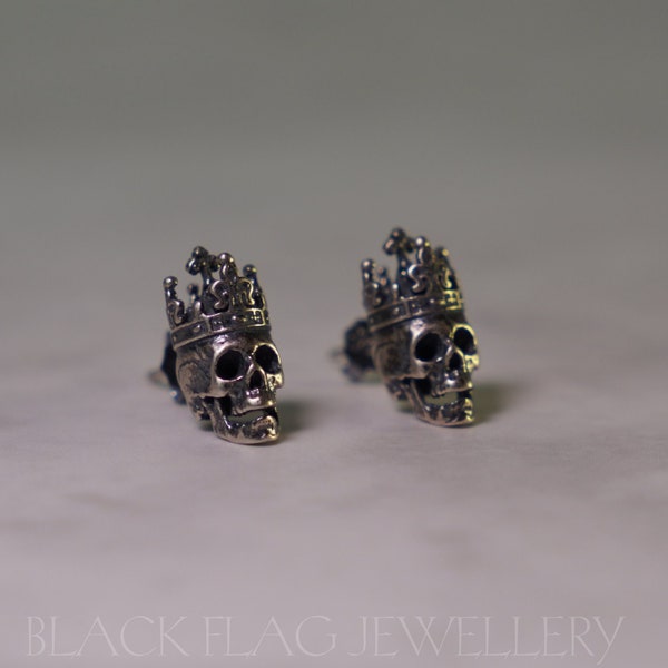 Skull Crown Earrings - 925 Sterling Silver King Skull Stud Earringss, Gothic Jewelry, Punk and Emo Gift, Steampunk
