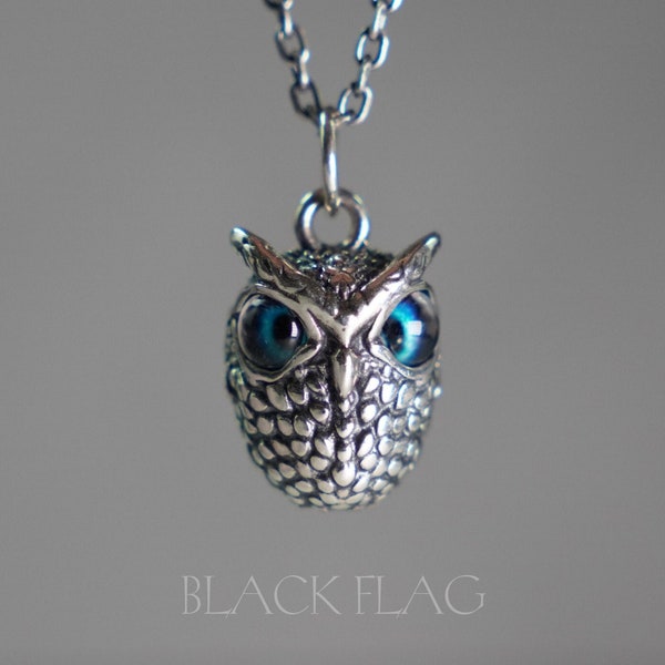 Collier hibou en argent sterling - Pendentif hibou en argent sterling 925 avec yeux bleus brillants, cadeau bijoux gothiques et steampunk pour emo ou punk