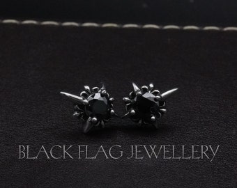 Black North Star Earrings Unique Starburst Gothic Jewelry Emo Punk Design, Stainless Steel with Zircon Gemstones