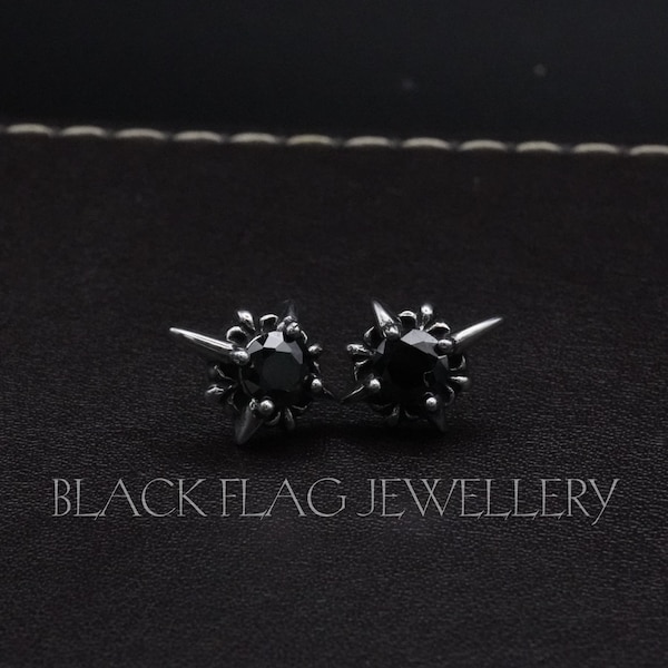 Black North Star Earrings Unique Starburst Gothic Jewelry Emo Punk Design, Stainless Steel with Zircon Gemstones