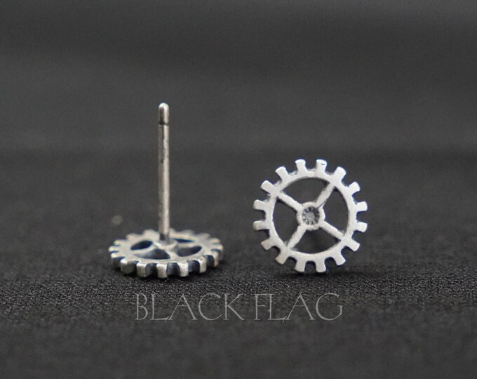 Steampunk Sterling Silver Gear Earrings, Industrial Cog Studs, Mechanical Jewelry, Unique Artisan Crafted Silver Cogwheel Gift for Him