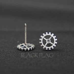 Steampunk Sterling Silver Gear Earrings, Industrial Cog Studs, Mechanical Jewelry, Unique Artisan Crafted Silver Cogwheel Gift for Him