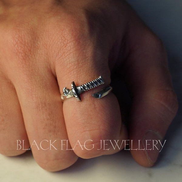 Samurai Sword Sterling Silver Ring | Adjustable Handcrafted Katana Band | Unique Gothic Inspired Jewelry | Men's Warrior Ring