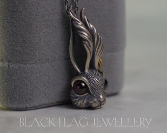 Sterling Silver Rabbit Pendant, Artisan Crafted Bunny Necklace with Red Eyes, Whimsical Animal Jewelry, Unique Hare Charm