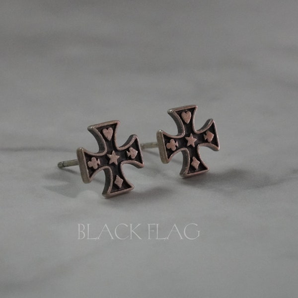 Sterling Silver Iron Cross Stud Earrings, Men's Gothic Poker Earrings, Biker Cross Post Earrings, Vintage Style Jewelry