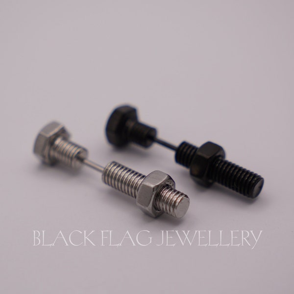 Industrial Bolt Stud Earrings - Black Stainless Steel Screw Earrings - Unisex Urban Hardware Jewelry - Edgy Mechanic Style Fashion Accessory