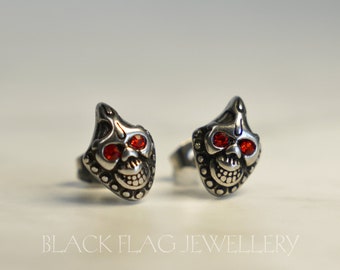 Skull Earrings - Stainless Steel with Red Zircon Gothic Stud Jewelry - Handcrafted Biker Accessory for Edgy Fashion