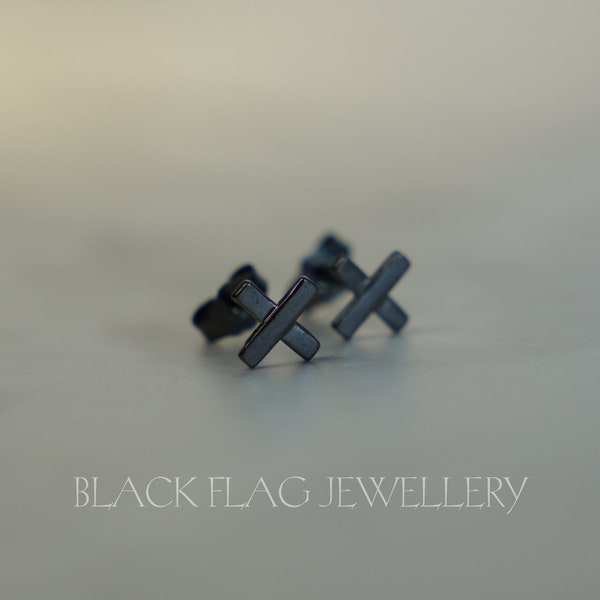Black Cross Stud Earrings | Oxidized Stainless Steel | Gothic Unisex Jewelry | Minimalist Punk Biker Accessory