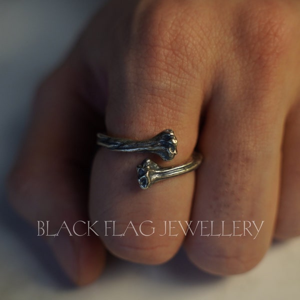 Sterling Silver Bone Ring - Adjustable 925 Sterling Silver Skeleton Bone Ring, Steampunk, Emo and Punk Style, Gothic Jewelry