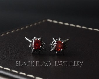 Red North Star Earrings Unique Starburst Gothic Jewelry Emo Punk Design, Stainless Steel with Zircon Gemstones