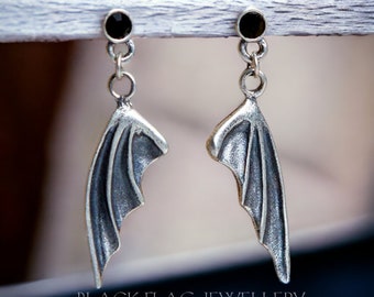 Silver Bat Wing Dangle Earrings - 925 Sterling Silver Devil Wings Earrings, Gothic and Steampunk Jewelry Gift for Emo or Punk