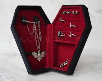 Boîte à bijoux cercueil | Boîte à bijoux noire cercueil gothique | Bijoux gothiques | Boîte à bijoux cercueil noire avec intérieur doublé de velours rouge de qualité supérieure