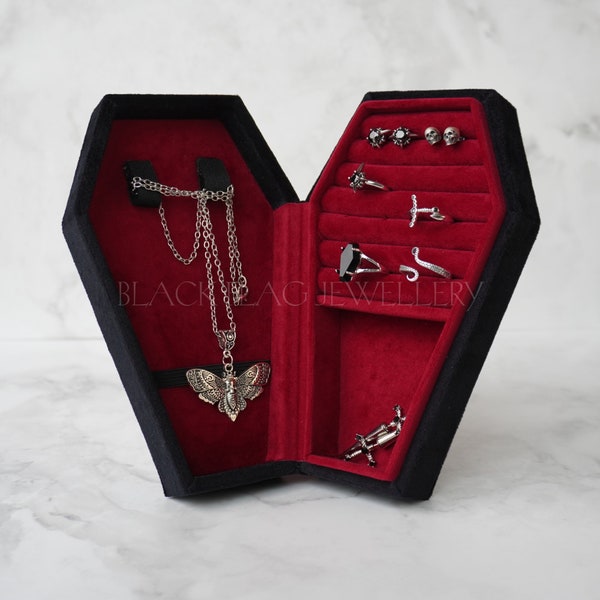 Boîte à bijoux cercueil | Boîte à bijoux noire cercueil gothique | Bijoux gothiques | Boîte à bijoux cercueil noire avec intérieur doublé de velours rouge de qualité supérieure