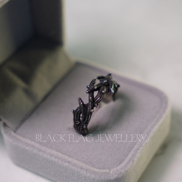 Herren Geschwärzter Dornen Ring, Cooler Twisted Thorn Zweig Schmuck, Dunkel Ästhetisches Statement Stück, Einzigartiges Accessoire Geschenk für Ihn