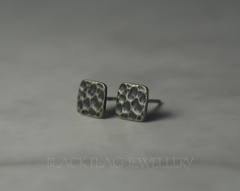 Textured Sterling Silver Stud Earrings, Hammered Geometric Square Studs Minimalist Artisan Earrings Gothic Jewelry Gift