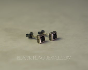Mini Sterling Silver Black Onyx Earrings Black Square Stud Earrings CZ Crystal Earrings Womens Mens Gothic Earrings Gift