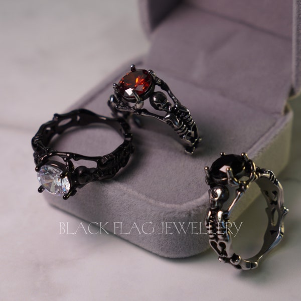 Stainless Steel Dark Skull Ring with Red Gemstone, Gothic Engagement Promise Ring Skeleton Hand Design Mysterious Love to Death Ring