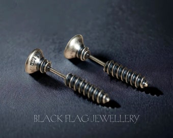 Sterling Silver Screw Earrings - Gothic Style Screw Earrings | Industrial Jewelry, Gothic Jewelry Gift for Him or Her