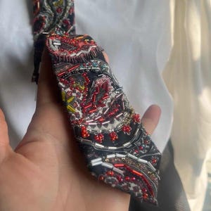 Hand Beaded Paisley Tie, Crystal Embroidery, Avant Garde Statement Necktie