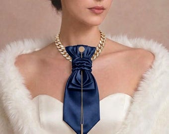 Handmade Navy Ruched Silk Tie Pendant, Avant-Garde Choker Necklace