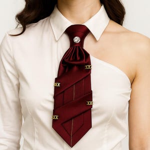Puede incluir: Una corbata burdeos con detalles dorados y una joya decorativa. La corbata se lleva con una camisa blanca con cuello. La corbata tiene un diseño único con barras de metal doradas.