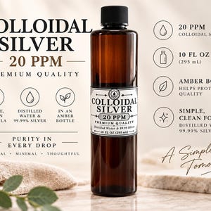 Plata coloidal 20 PPM ~ Botella ámbar de 283 g (10 oz) - Agua destilada y plata pura al 99,99%.