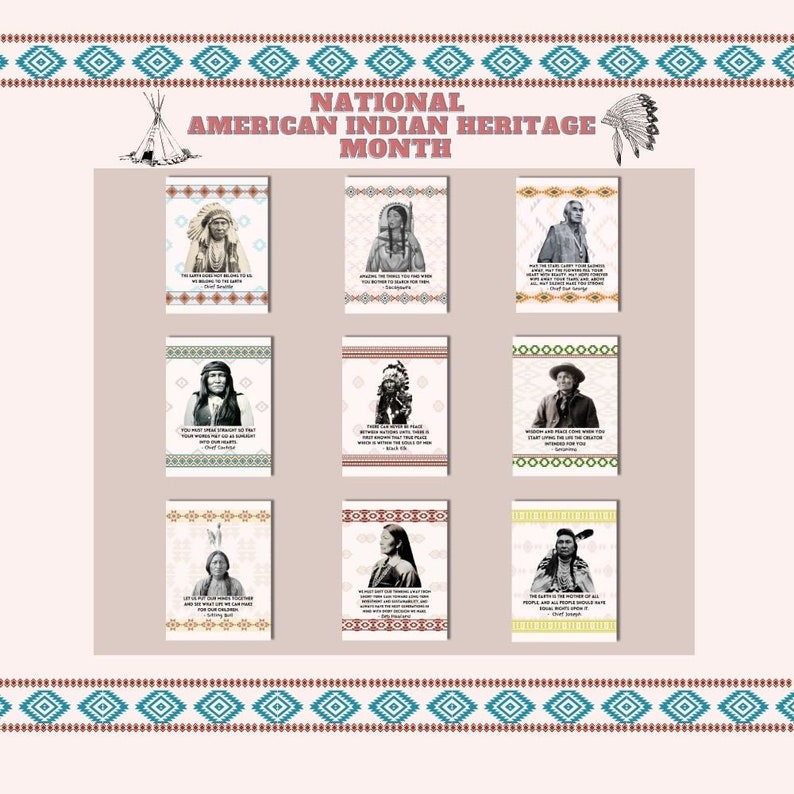 Puede incluir: Nueve tarjetas de retrato en blanco y negro con l&iacute;deres ind&iacute;genas americanos y citas. Las tarjetas est&aacute;n dispuestas en una cuadr&iacute;cula de tres filas y tres columnas. Las tarjetas tienen un borde rojo, blanco y azul con un patr&oacute;n ind&iacute;gena americano. El t&iacute;tulo "National American Indian Heritage Month" est&aacute; en la parte superior de la imagen.