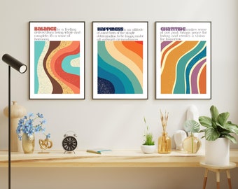 EQUILIBRIO, GRATITUD, FELICIDAD. Citas inspiradoras de Joshua Osenga, Melody Beattie y J. Donald Walters con coloridas líneas geométricas.