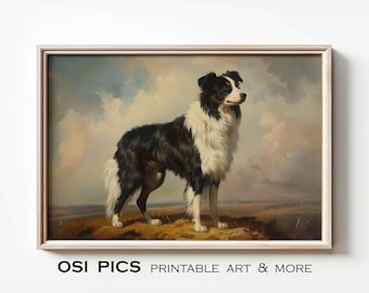 Könnte beinhalten: Gerahmter Kunstdruck eines Border Collie-Hundes in einer Feldlandschaft, gemalt in klassischem Stil. Der schwarz-weiße Hund steht vor einem Hintergrund aus bewölktem Himmel und grasbewachsenem Gelände. Der Text "OSI PICS PRINTABLE ART & MORE" steht unten.