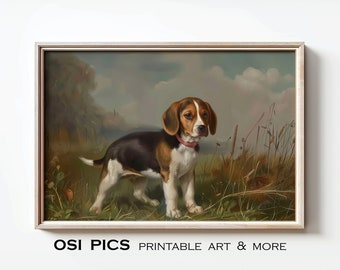 Vintage Beagle Painting | Old Beagle Print | Farmhouse Decor | Rustic Fine Art | Beagle Lover Gift | Instant Download | Printable Wall Art