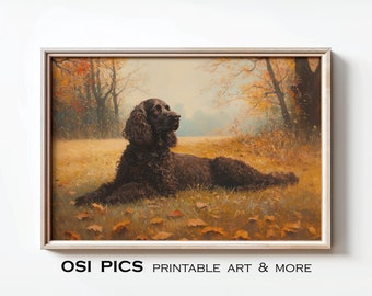 Vintage Spaniel Painting, Rustic Irish Water Spaniel Print, Antique Spaniel Portrait, Farmhouse Decor, Digital Download, Printable Wall Art