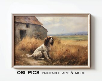 Vintage Spaniel Painting | Old Dog Print | Farmhouse Decor | Rustic Fine Art | Spaniel Puppy Lover | Instant Download | Printable Wall Art