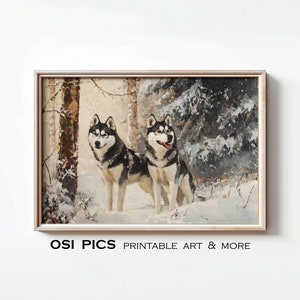 Vintage Husky Painting, Rustic Siberian Husky Print, Antique Dog Portrait, Cabin Decor, Winter Art, Digital Download, Printable Wall Art