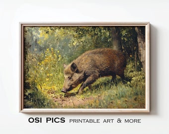 Vintage Boar Painting, Rustic Wild Boar Print, Antique Hog Wall Art, Cabin Decor, Gift For Hunter, Digital Download, Printable Wall Art