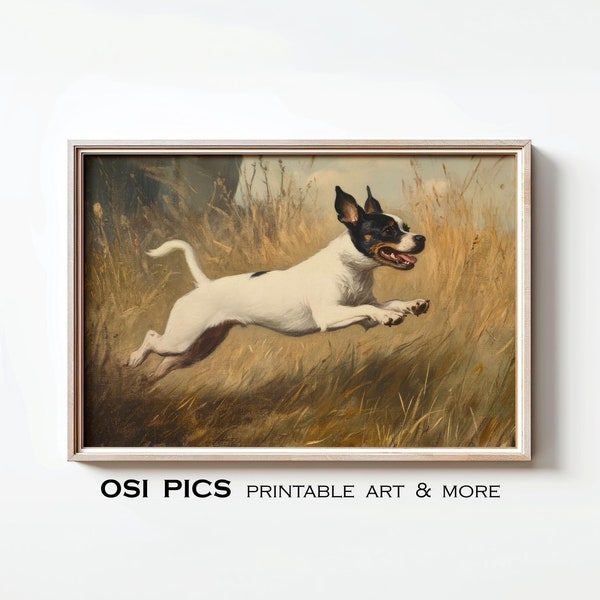 Vintage Rat Terrier Malarstwo, Rustykalny Rat Terrier Druk, Antyczna Sztuka Myśliwskiego Psa, Dekoracja Domu Wiejskiego, Pobieranie Cyfrowe, Drukowalna Sztuka Ścienna
