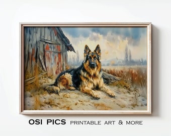 ヴィンテージのジャーマンシェパードの油絵：農家の犬アート（デジタル