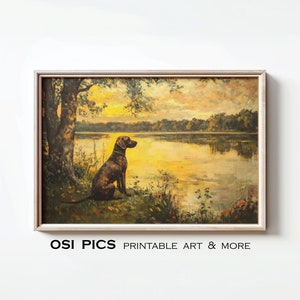 Puede incluir: Impresión artística enmarcada que presenta un perro marrón sentado junto a un lago al atardecer. La obra de arte tiene una estética vintage con tonos cálidos amarillos y naranjas. El texto "OSI PICS PRINTABLE ART & MORE" está en la parte inferior.